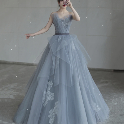 Blue tulle lace long ball gown dress blue evening dress - Thumbnail 4