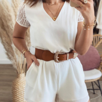 Fashion Lace Short Sleeve V-Neck Jumpsuit - Thumbnail 1
