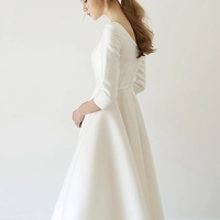 Simple A-Line 3/4 Sleeves Tea Length Wedding Dresses - Thumbnail 2