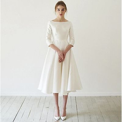Simple A-Line 3/4 Sleeves Tea Length Wedding Dresses
