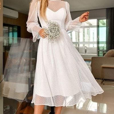 Elegant a-line long sleeve tea length wedding guest dresses evening party dresses