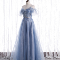 Blue tulle long A line prom dress fashion dress - Thumbnail 2