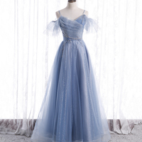 Blue tulle long A line prom dress fashion dress - Thumbnail 4