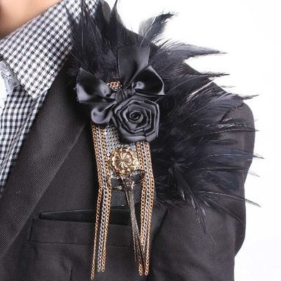 Black feather wedding men groom brooch pin badge