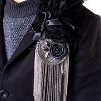 BLACK FEATHER TASSEL SMART MEN WEDDING PARTY ASCOT CRAVAT ROSE NECKTIE BROOCH - Thumbnail 1