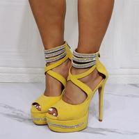 Yellow rhinestone high heel sandals S-556 - Thumbnail 5