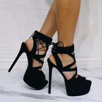 Black lace-up high heel sandals S-571 - Thumbnail 3