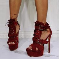 Burgundy lace-up high heel sandals S-573 - Thumbnail 1