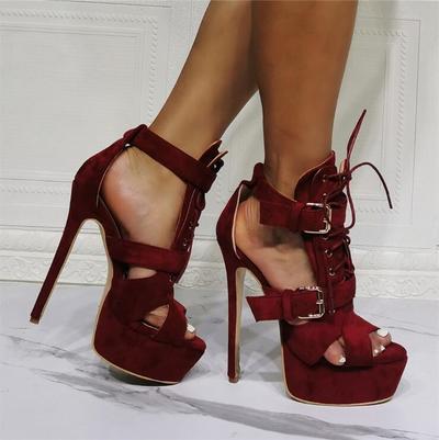 Burgundy lace-up high heel sandals S-573