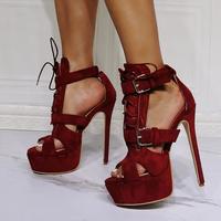 Burgundy lace-up high heel sandals S-573 - Thumbnail 3