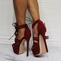 Burgundy lace-up high heel sandals S-573 - Thumbnail 5