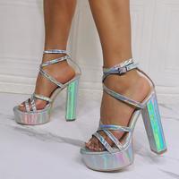 Silver strappy chunky heel high-heel sandals S-575 - Thumbnail 1