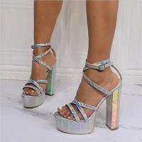 Silver strappy chunky heel high-heel sandals S-575 - Thumbnail 3