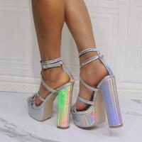 Silver strappy chunky heel high-heel sandals S-575 - Thumbnail 2