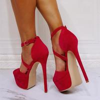 Red cross strap high heel sandals S-582 - Thumbnail 2