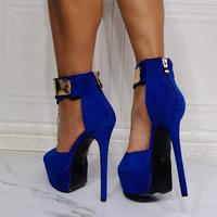 Blue chain high heel suede sandals S-587 - Thumbnail 2