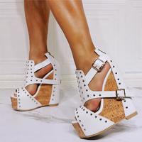 White studded wedge sexy high heel sandals S-588 - Thumbnail 1