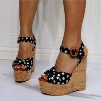 Black Polka Dot Wedge Sexy High Heel Sandals S-595 - Thumbnail 1