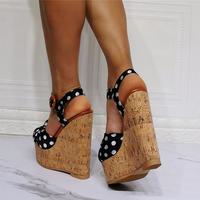Black Polka Dot Wedge Sexy High Heel Sandals S-595 - Thumbnail 3