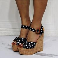 Black Polka Dot Wedge Sexy High Heel Sandals S-595 - Thumbnail 2