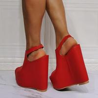 Red wedge sexy high heel sandals S-579 - Thumbnail 4