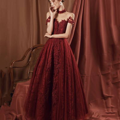 Burgundy tulle beads long a line prom dress evening dress - Thumbnail 4