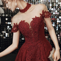 Burgundy tulle beads long A line prom dress evening dress - Thumbnail 1