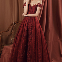 Burgundy tulle beads long A line prom dress evening dress - Thumbnail 6