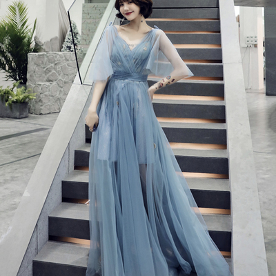 Blue tulle long a line prom dress blue evening dress - Thumbnail 2