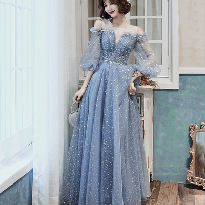 Blue tulle long a line prom dress blue evening dress - Thumbnail 3