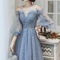 Blue tulle long A line prom dress blue evening dress - Thumbnail 2