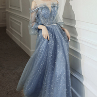 Blue tulle long A line prom dress blue evening dress - Thumbnail 1
