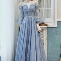 Blue tulle long A line prom dress blue evening dress - Thumbnail 4
