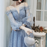 Blue tulle long A line prom dress blue evening dress - Thumbnail 3