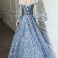 Blue tulle long A line prom dress blue evening dress - Thumbnail 6