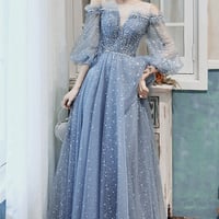 Blue tulle long A line prom dress blue evening dress - Thumbnail 8