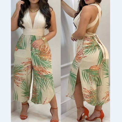 Sexy v-neck sleeveless print two-piece set