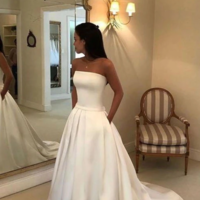 Mermaid Strapless Ivory Satin Long Wedding Dresses with Pockets - Thumbnail 1