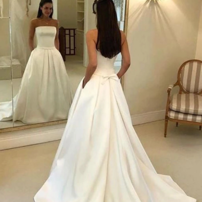 Mermaid strapless ivory satin long wedding dresses with pockets - Thumbnail 3