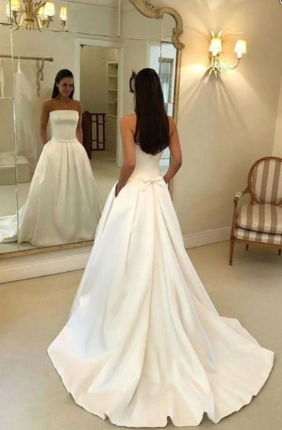 Mermaid Strapless Ivory Satin Long Wedding Dresses with Pockets
