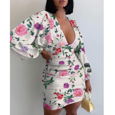 Women's floral print deep v-neck long sleeve dress