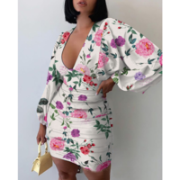 Women's Floral Print Deep V-Neck Long Sleeve Dress - Thumbnail 1