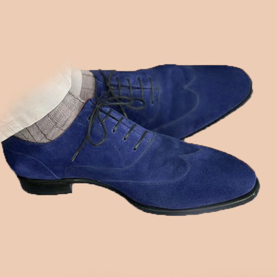Navy blue wingtip decent handmade suede lace up shoes