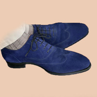 Navy Blue Wingtip Decent Handmade Suede Lace Up Shoes - Thumbnail 1