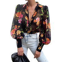 Fashion Chiffon Printed V-neck Long Sleeve Shirt Top - Thumbnail 1