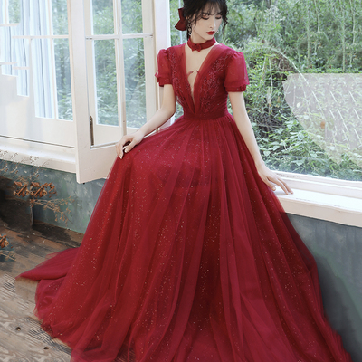 Burgundy tulle long a line prom dress evening dress - Thumbnail 2