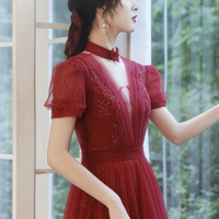 Burgundy tulle long A line prom dress evening dress - Thumbnail 3