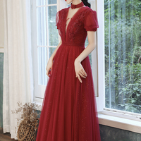 Burgundy tulle long A line prom dress evening dress - Thumbnail 4