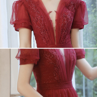 Burgundy tulle long A line prom dress evening dress - Thumbnail 5