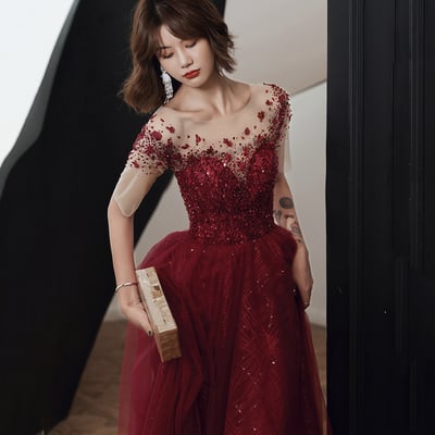 Burgundy tulle beads long a line prom dress evening dress - Thumbnail 3